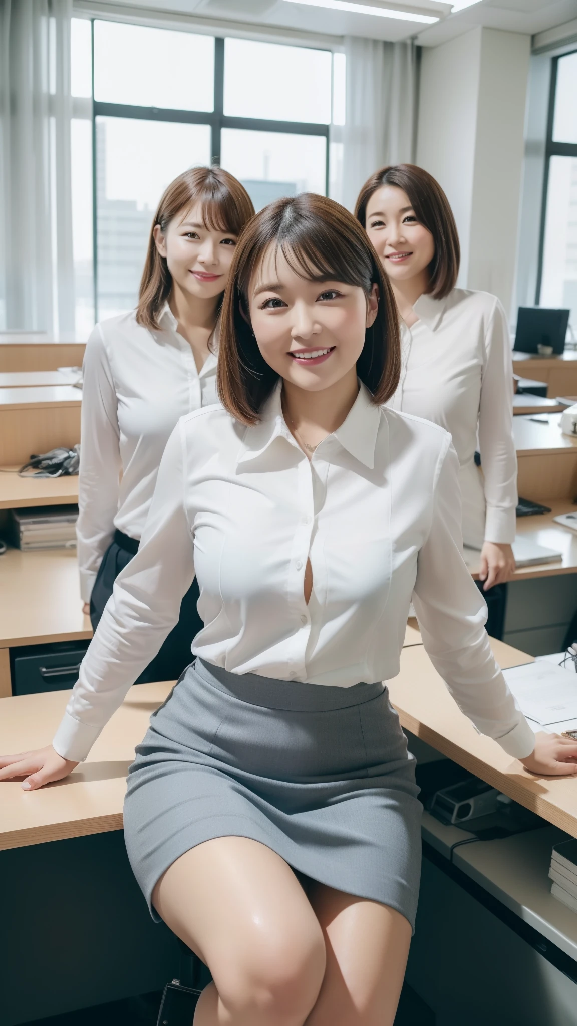 ((highest quality, 8K, Representative works in detail, ultra high resolution)), (group photo), (looking at the viewer), (middle shot:), 5 attractive business ladies, 5 people, a little chubby:0.25, white collared shirt, gray skirt, (Sitting cross-legged at an office desk)), smile, President's office,Large bust、mini skirt、mini skirt、