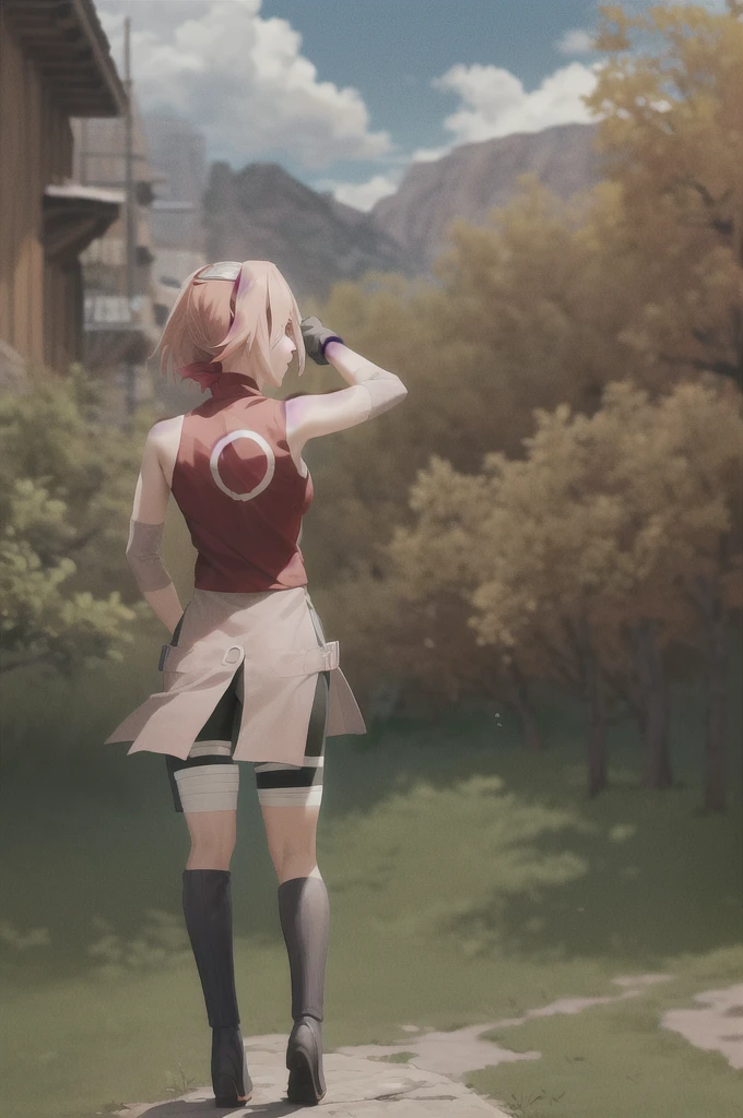 masterpiece, best quality, 1girl,haruno sakura, pink hair,  short hair, green eyes, bike shorts, black gloves, sleeveless, bandages, looking back, view from behind, full body, standing, blue sky, cloud, hidden village 