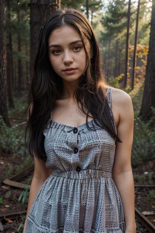 Tren girl, lavender dress, black wavey hair, black eyes, white skin, forest , brightsunset