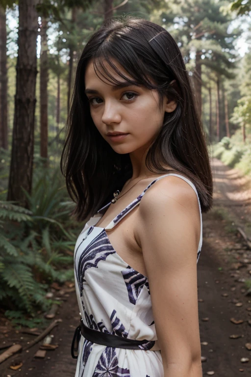 Tren girl, lavender dress, black wavey hair, black eyes, white skin, forest , brightsunset