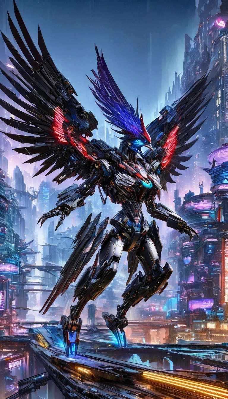 Flying metal mechanical crow,Futuristic metal crow,Mechanical crow,This crow is made entirely of small metal parts,Detailed mechanical wing,metal feather,Precise and complex design,Very fine texture,Shiny steel body,futuristic city background,Beautiful sci-fi art, science fiction figures art插画, Digital cyberpunk art, science fiction figures, futuristic digital, Futuristic concept art, In front of sci-fi cityscape, science fiction figures art, Advanced Digital Cyberpunk Art, Fantastic cyberpunk crow