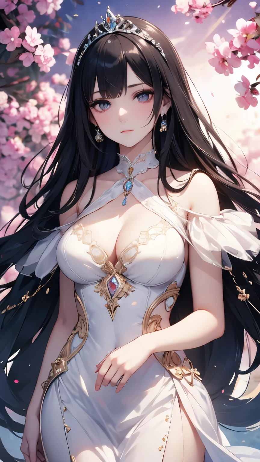 ((best quality)), ((masterpiece)), (detailed), perfect face, long hair, (very long hair), ((black hair)),  Sharp focus A beautiful woman with perfect body, Highly detailed face, , Detailed eyes, crystal hair, floating hair, anchor choker, jewelry, tareme, longeyelashes, anime, Art Nouveau, A tiara shining with jewels, a princess, a pure white dress, silk gloves, standing alone in a garden,