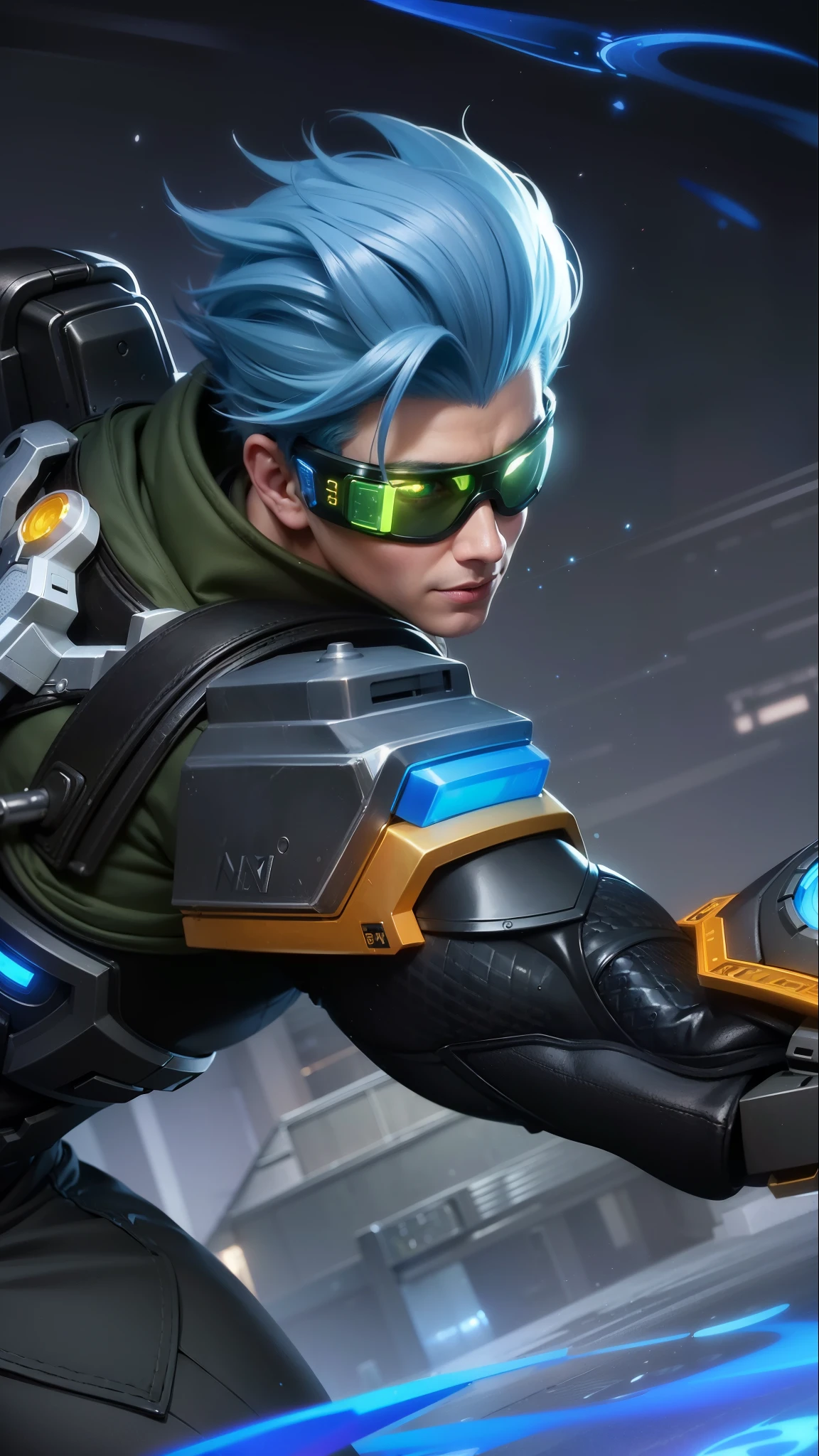 a close up of a boy with a blue hair and a gun, sigma from overwatch, tracer game character, splash art, character splash art, iconic character splash art, sigma male, official splash art, league of legends character, tracer, style league of legends, kda, amazing portrait of viego, league of legends splashart, masterpiece, ((perfect eyes)) best quality, (semirealism:1.9), beautiful lighting, (extremely detailed CG unity 4k fhd wallpaper), High Detail, Sharp focus, dramatic outdoors, 1 boy ,19 years old, 8k, ultra hd, ultra detailed texture, hyper realistic, masterpiece, detailed texture, detailed face, detailed skin, detailed lighting, (photorealistic:1.5), best quality, beautiful lighting, cinematic lighting, professional lighting, ultra highres, realistic, detailed hair, real hair, high quality, (realskin:1.5), extremely detailed, finely detail, ultra-detailed, evil smile.