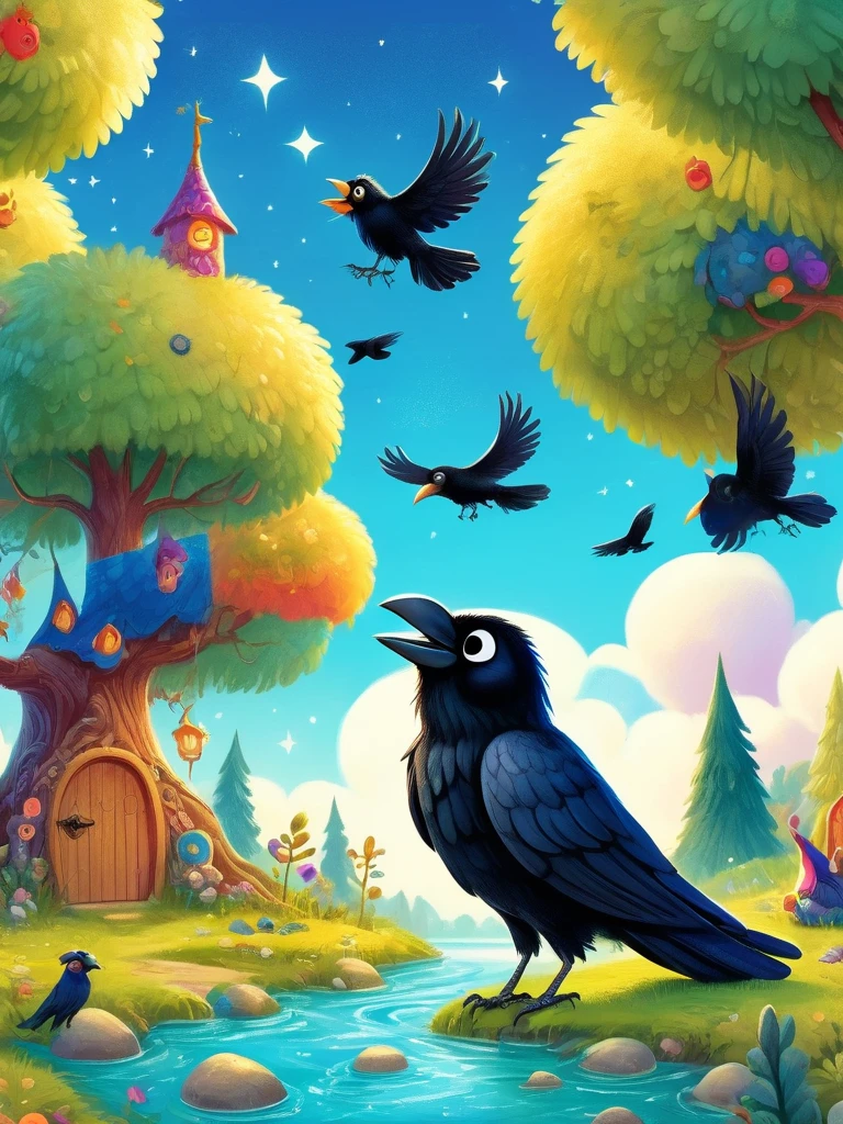 Primary school textbook illustrations, Fairy tale scenes, norse mythology, Odin, King of the Gods, sit on the throne, (Two crows perched on either side of him:1.6), Raven Focus, Whimsical scenes, rich and colorful, children illustration, bright colors, interesting details, Children's stories, Quiet environment, strange trees, bright sky, magic, Fun elements, 8K, ultra high definition, anatomically correct, high detail, masterpiece, precise