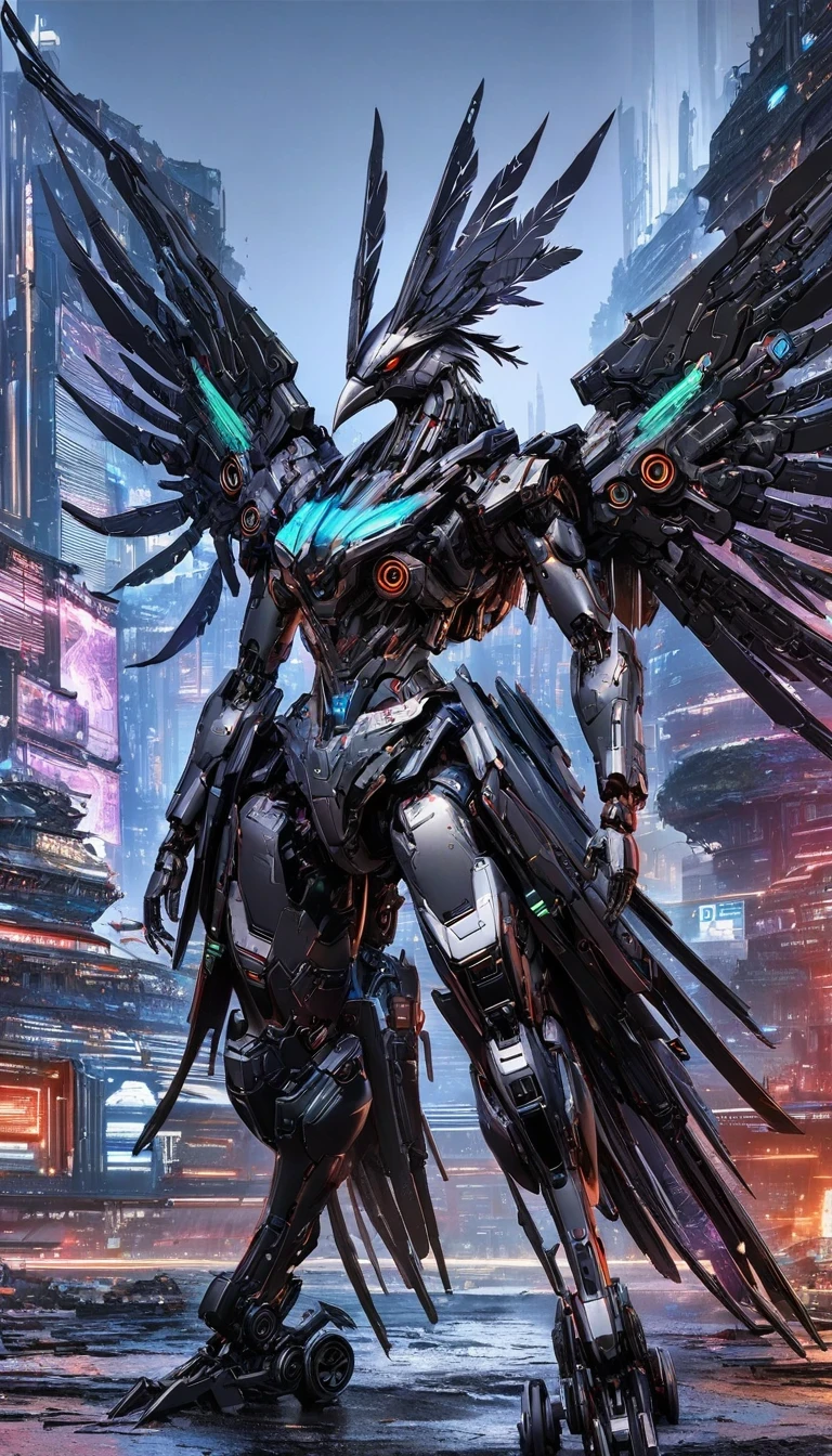 Flying metal mechanical crow，Futuristic metal crow，Mechanical crow，This crow is made entirely of small metal parts，Detailed mechanical wing,metal feather,Precise and complex design,Very fine texture,Shiny steel body,futuristic city background，Beautiful sci-fi art, science fiction figures art插画, Digital cyberpunk art, science fiction figures, futuristic digital, Futuristic concept art, In front of sci-fi cityscape, science fiction figures art, Advanced Digital Cyberpunk Art, Fantastic cyberpunk crow