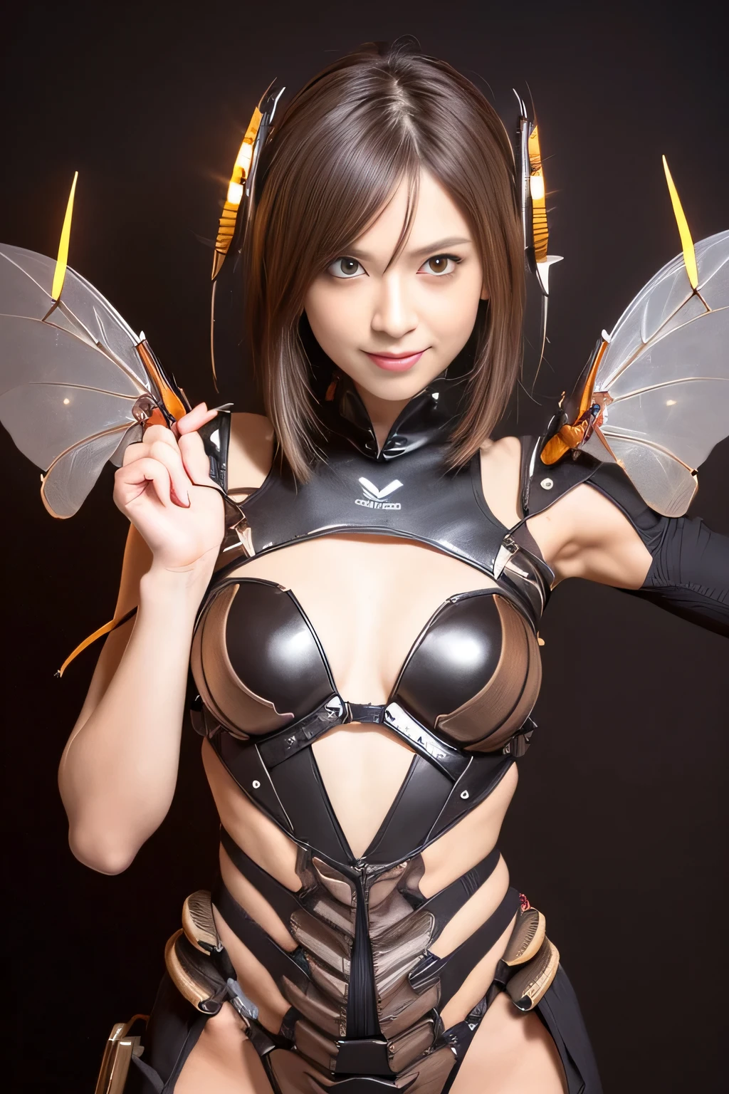 (high resolution,masterpiece,best quality,extremely detailed CG, anime, official art:1.4), realistic, photo, amazing fine details, all intricate, gloss and shiny,awesome many layers, 8k wall paper, 3d, sketch, kawaii, illustration,( solo:1.4), perfect female proportion,villainess, (fusion of dark brown cockroach and lady:1.4), (brown cockroach form lady:1.2), (brown cockroach lady:1.2), (fusion:1.2), (solo:1.4), (evil smile:1.2), muscular, abs, (cockroach brown exoskeleton bio insect suit:1.4), (cockroach brown exoskeleton bio insect armor:1.2), (brown transparency cockroach wing:1.4), (brown cockroach antennae:1.3),
