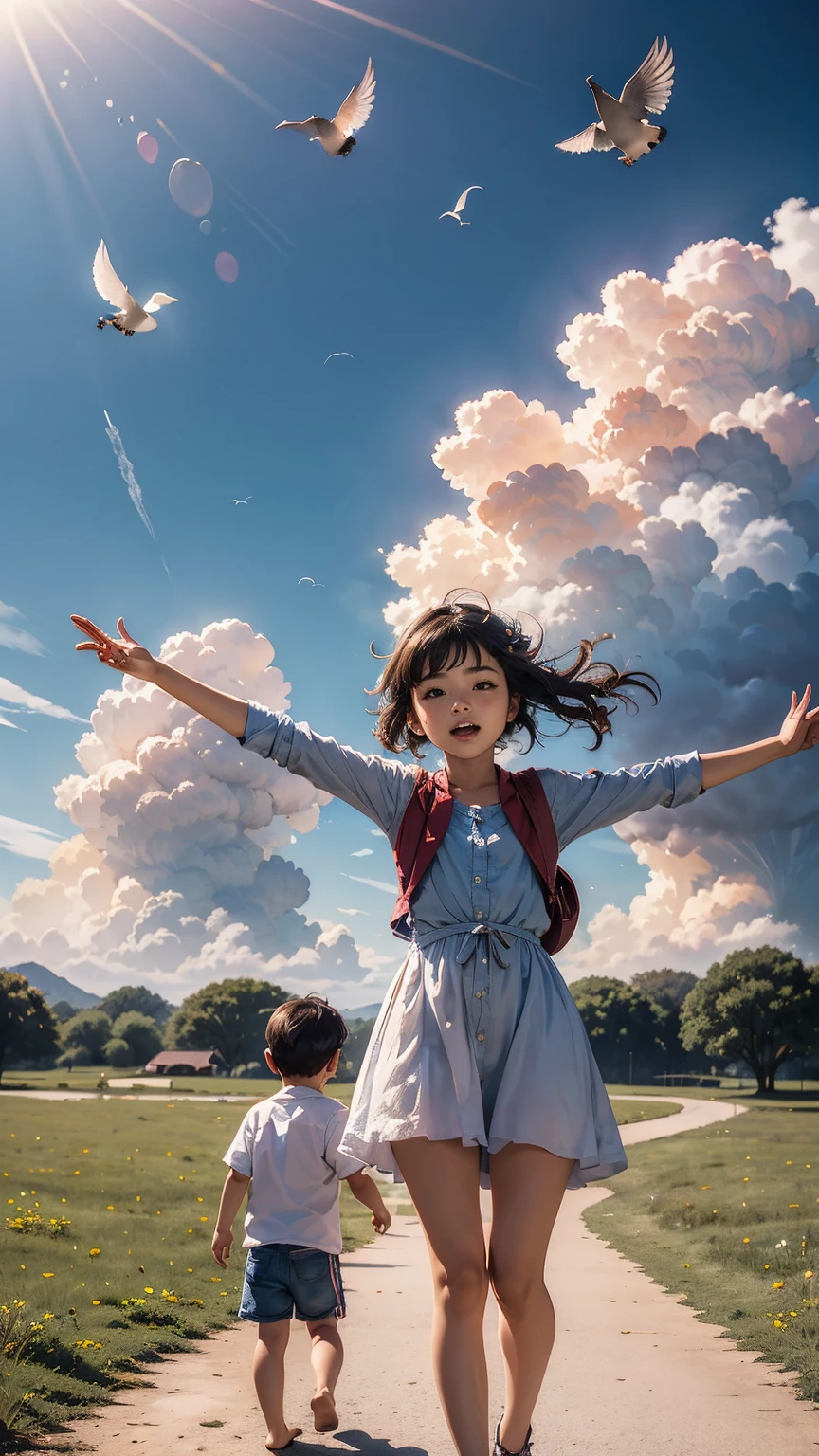 Children reach out their arms to the sky, trying to catch birds, clouds, and even dreams.、
That figure is something I knew nothing about until yesterday、
I believed that these fingers could reach you、
Where the sky and the earth meet、
A road calling travelers from the past、
To you, I&#39;m just a passerby、
A stranger who just took a quick look