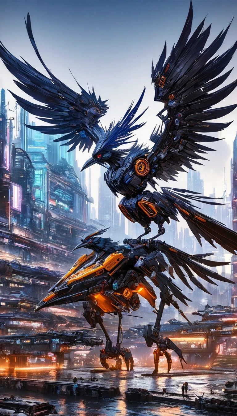 Flying metal mechanical crow，Futuristic metal crow，Mechanical crow，This crow is made entirely of small metal parts，Detailed mechanical wing,metal feather,Precise and complex design,Very fine texture,Shiny steel body,futuristic city background，Beautiful sci-fi art, science fiction figures art插画, Digital cyberpunk art, science fiction figures, futuristic digital, Futuristic concept art, In front of sci-fi cityscape, science fiction figures art, Advanced Digital Cyberpunk Art, Fantastic cyberpunk crow