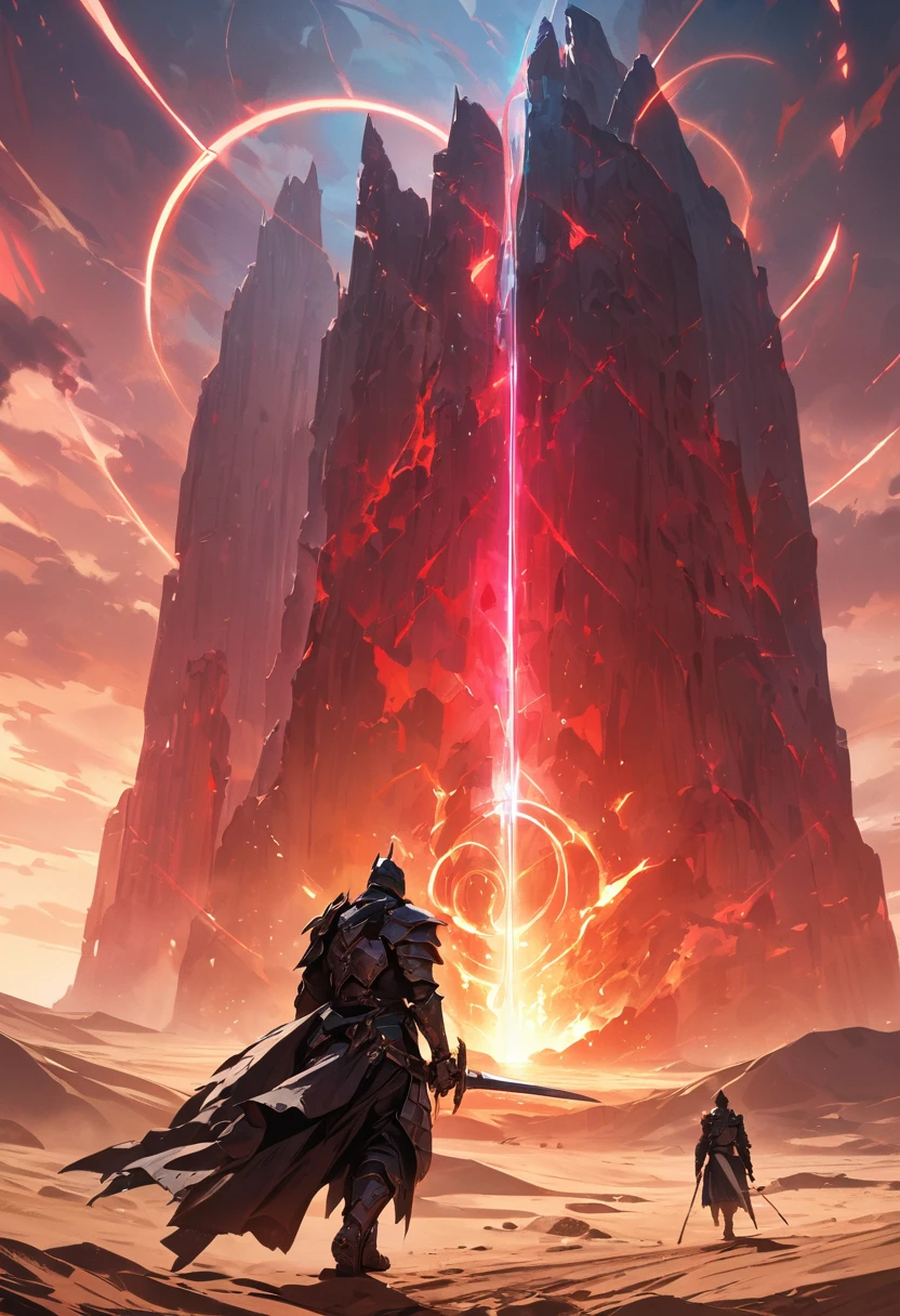 ERD, a man as the Tarnished wearing armor holding a sword in his hands, walking in the desert, in front of a giant glowing stone monument with glowing energy line and glowing red circle on it in the desert, highly detailed, ultra-high resolutions, 32K UHD, best quality, masterpiece, 