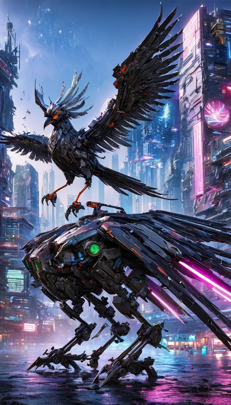 Flying metal mechanical crow,Futuristic metal crow,Mechanical crow,This crow is made entirely of small metal parts,Detailed mechanical wing,metal feather,Precise and complex design,Very fine texture,Shiny steel body,futuristic city background,Beautiful sci-fi art, science fiction figures art插画, Digital cyberpunk art, science fiction figures, futuristic digital, Futuristic concept art, In front of sci-fi cityscape, science fiction figures art, Advanced Digital Cyberpunk Art, Fantastic cyberpunk crow