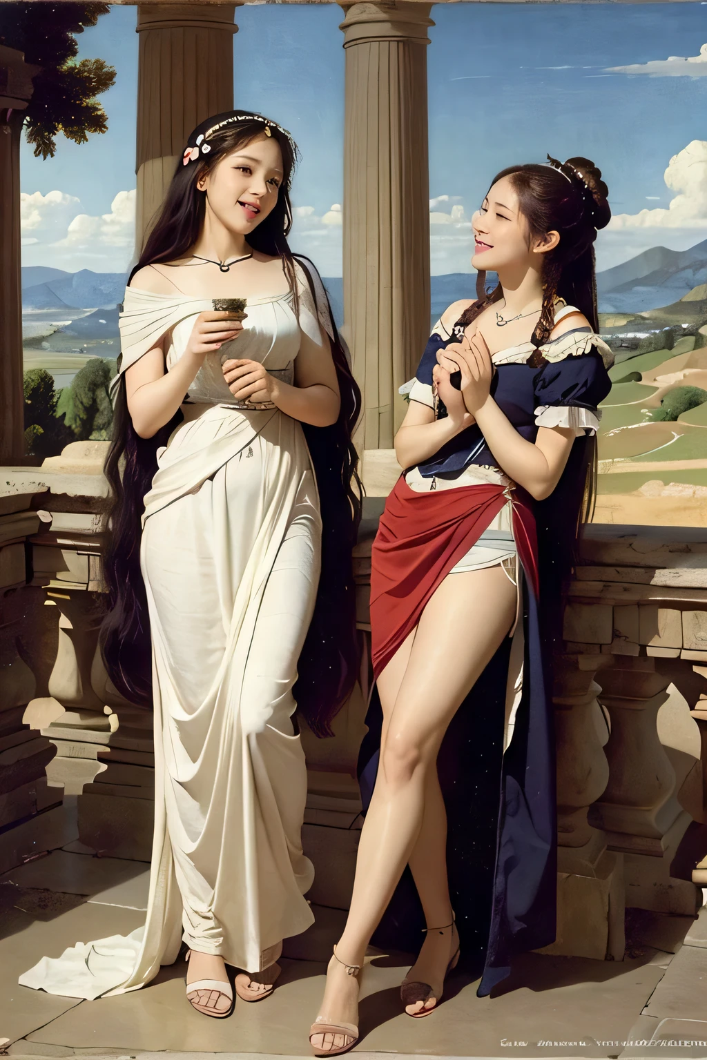 full body portrait or statue、Giorgione painting style,Arguments of two female Philosophe,math、astronomical machine、astronaut、roses in vase、fruits、Cute trinkets、smile、ancient greek costume、Ancient Roman landscape in the style of Nicolas Poussin,laughter,,Sweet and seductive appearance.、Caravaggio's paintings、Chiaroscuro of Caravaggio、hair tousled by the wind,Two women frolicking,cute smile, expression of ecstasy,Sexy,erotic