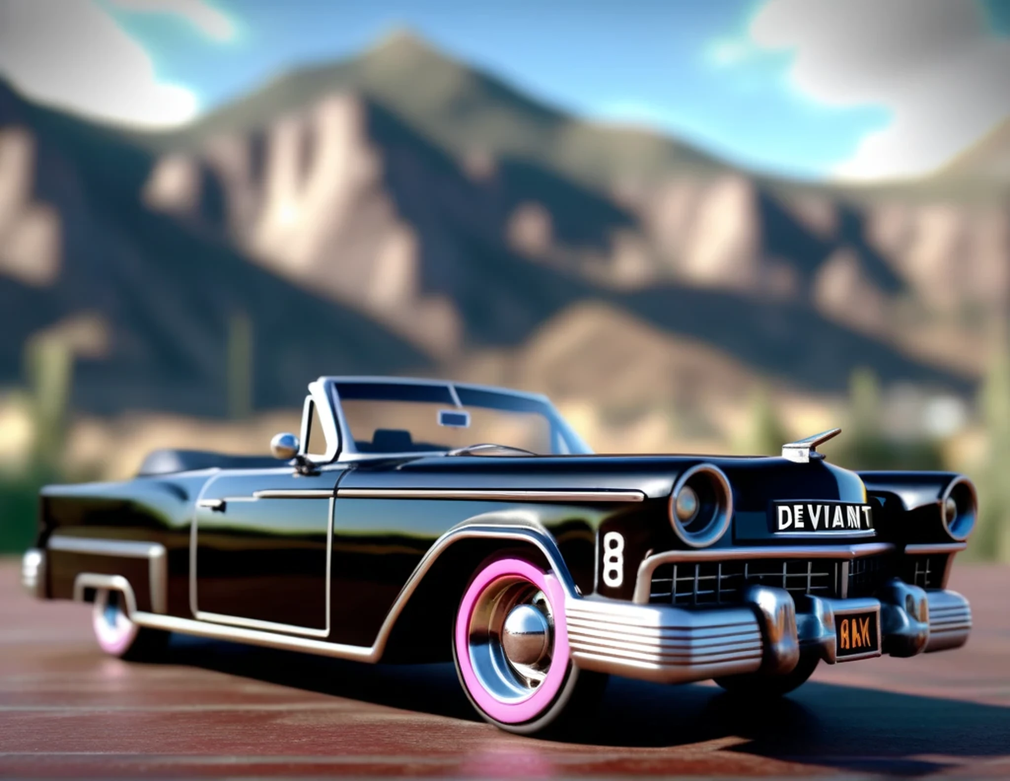 Neon sign "Deviant Artist" (text "Deviant Artist") instead of the registration number on the convertible, driving a gorgeous model in an off-the-shoulder dress and a hat, hyper detailed, , sharp focus, intricate details, highly detailed, close-up, neon ambiance, abstract black oil, gear mecha, detailed acrylic, grunge, intricate complexity, rendered in unreal engine, photorealistic, with the caliber of 8k artistic photography. High Resolution, High Quality, Masterpiece. How about a three engine train rolling through the mountains?