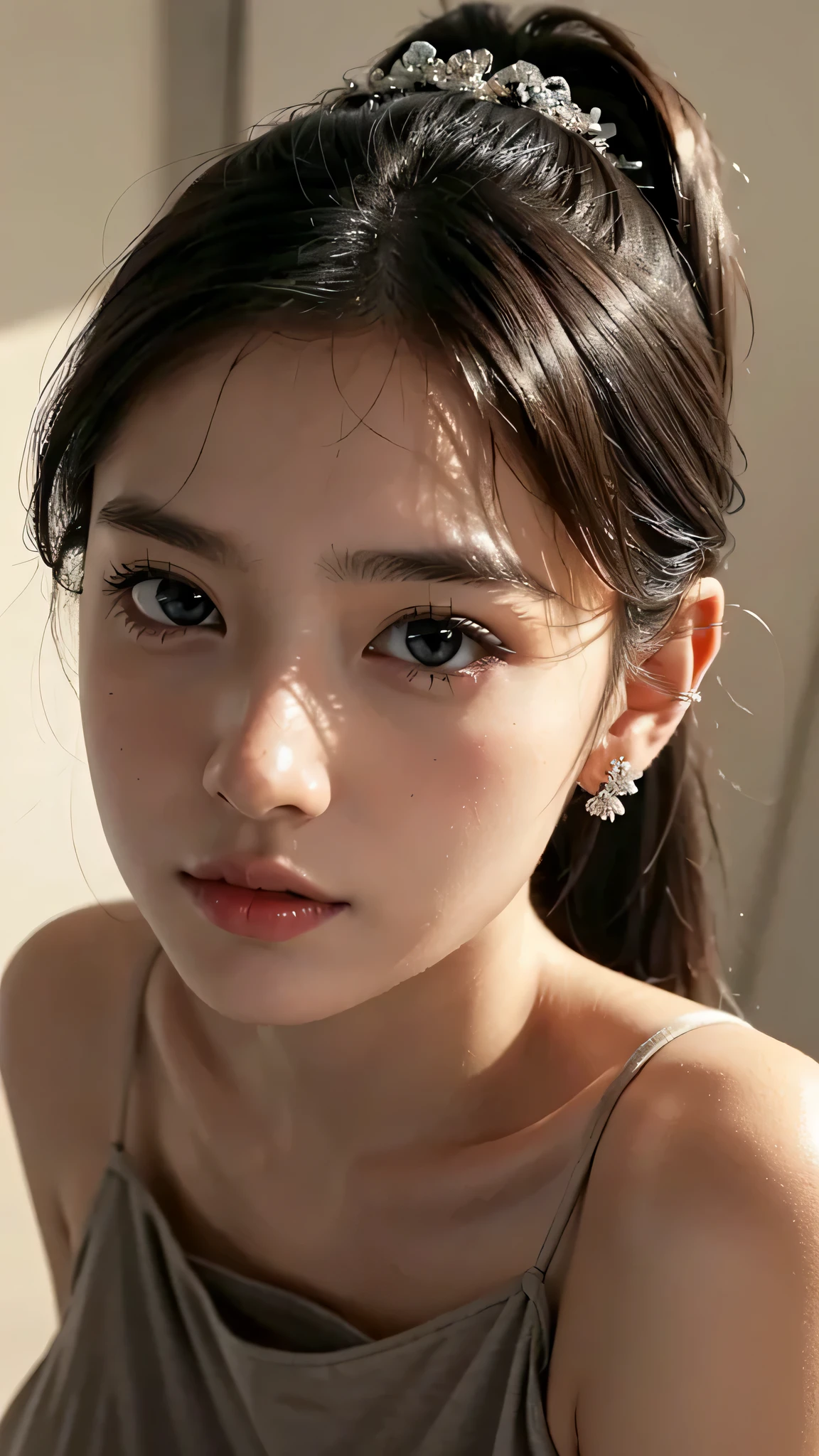 One woman,fully body photo,masutepiece, The highest image quality, High quality, the background is clear,Beautiful woman, Japanese, Detailed, Detailed eyes, Detailed skin, Beautiful skin, 超hight resolution, (reality: 1.4),Very beautiful woman, Slightly younger face, Beautiful skin, slender, (Ultra photo realsisim), (hight resolution), (8K), (Very detailed) (beautifully detailed eyes), (super detailed), (Detailed face), view the viewer, Fine details, Detailed face, Staring straight ahead, Staring straight ahead, photos realistic, Bright lighting, Professional Lighting, Black hair,poneyTail,a baby face,sixteen years old,Hairstyle is ponytail,long ponytail hairstyle,slight smile,Orange colored long dress with lots of ruffles, softly shaped skirt,Spotlight on stage,close-up of face,