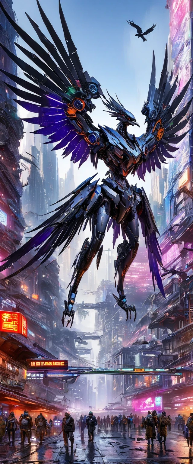 Flying metal mechanical crow,Futuristic metal crow,Mechanical crow,This crow is made entirely of small metal parts,Detailed mechanical wing,metal feather,Precise and complex design,Very fine texture,Shiny steel body,futuristic city background,Beautiful sci-fi art, science fiction figures art插画, Digital cyberpunk art, science fiction figures, futuristic digital, Futuristic concept art, In front of sci-fi cityscape, science fiction figures art, Advanced Digital Cyberpunk Art, Fantastic cyberpunk crow
