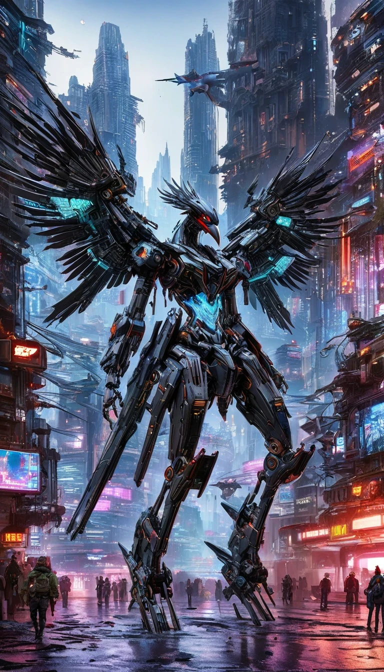 Flying metal mechanical crow，Futuristic metal crow，Mechanical crow，This crow is made entirely of small metal parts，Detailed mechanical wing,metal feather,Precise and complex design,Very fine texture,Shiny steel body,futuristic city background，Beautiful sci-fi art, science fiction figures art插画, Digital cyberpunk art, science fiction figures, futuristic digital, Futuristic concept art, In front of sci-fi cityscape, science fiction figures art, Advanced Digital Cyberpunk Art, Fantastic cyberpunk crow