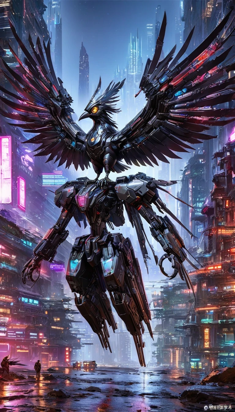 Flying metal mechanical crow，Futuristic metal crow，Mechanical crow，This crow is made entirely of small metal parts，Detailed mechanical wing,metal feather,Precise and complex design,Very fine texture,Shiny steel body,futuristic city background，Beautiful sci-fi art, science fiction figures art插画, Digital cyberpunk art, science fiction figures, futuristic digital, Futuristic concept art, In front of sci-fi cityscape, science fiction figures art, Advanced Digital Cyberpunk Art, Fantastic cyberpunk crow