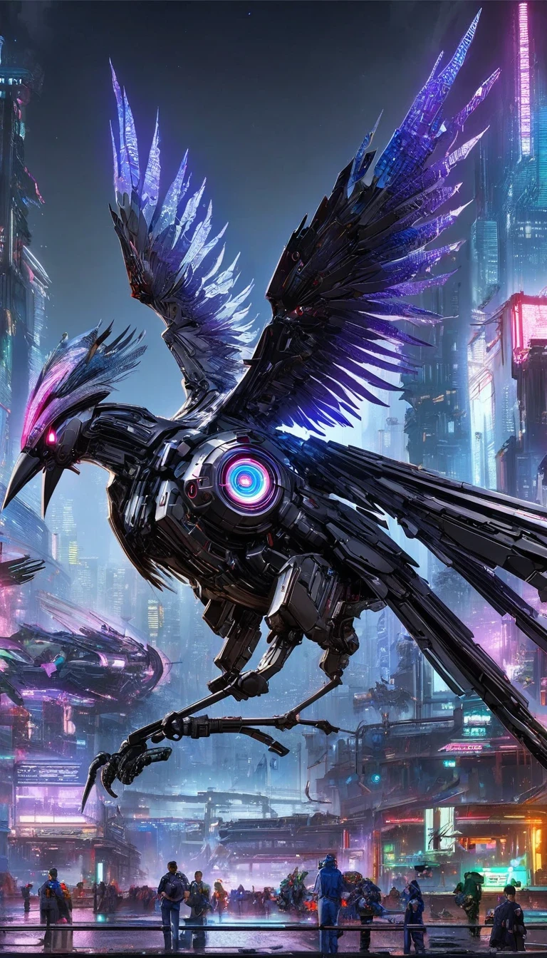 Flying metal mechanical crow,Futuristic metal crow,Mechanical crow,This crow is made entirely of small metal parts,Detailed mechanical wing,metal feather,Precise and complex design,Very fine texture,Shiny steel body,futuristic city background,Beautiful sci-fi art, science fiction figures art插画, Digital cyberpunk art, science fiction figures, futuristic digital, Futuristic concept art, In front of sci-fi cityscape, science fiction figures art, Advanced Digital Cyberpunk Art, Fantastic cyberpunk crow
