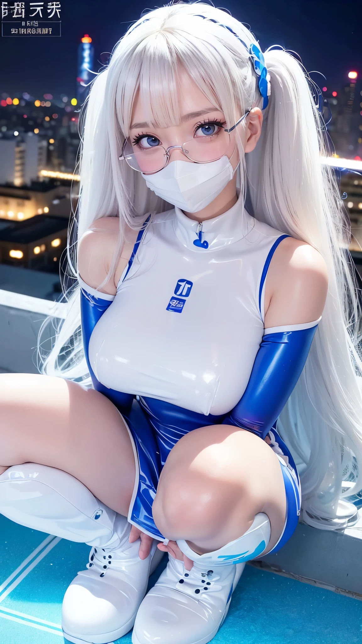 Taiwanese idol girl blonde with bangs ((Rimless glasses)) big breasts cleavage Big eyes ((white face mask)) Night view of the building rooftop ((Racing team bodycon dress made of glossy white and blue enamel material with sponsor lettering.)) ((Enamel Knee High Boots)) A masterpiece of plump thighs 8K sit with legs apart Drawn from above glamorous look ((Squat with your legs apart)) shy
