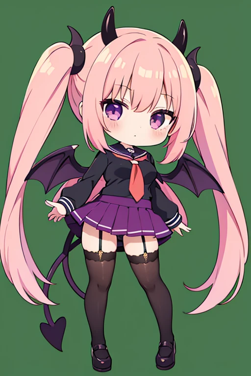 1 girl,chibi,green background, full body, long hair, pink hair, purple eyes, big breasts, devil wings, devil horns, devil tail, sailor suit, long sleeves, short skirt, black long socks,sideways,longhair,succubus,student,standing,garter belt,side ways,