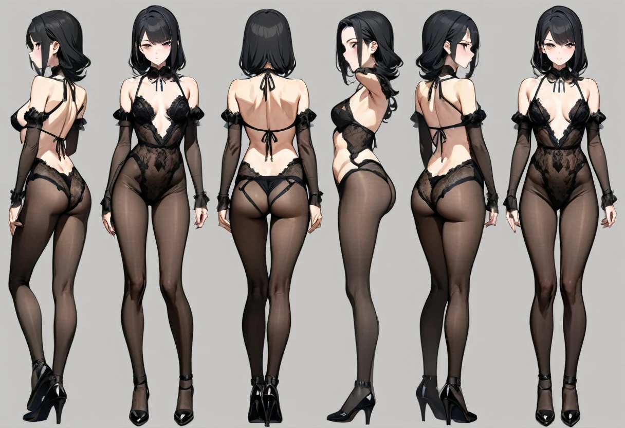 (masterpiece, highest quality, highest quality, official art, Cosmetology and aesthetics: 1.2), nsfw, A cross-dressing boy,medium straight black hair, lingerie, Cute, delicate and short, whole body, standing boy, three view drawing, front and back and side,character sheet,full body,simple background