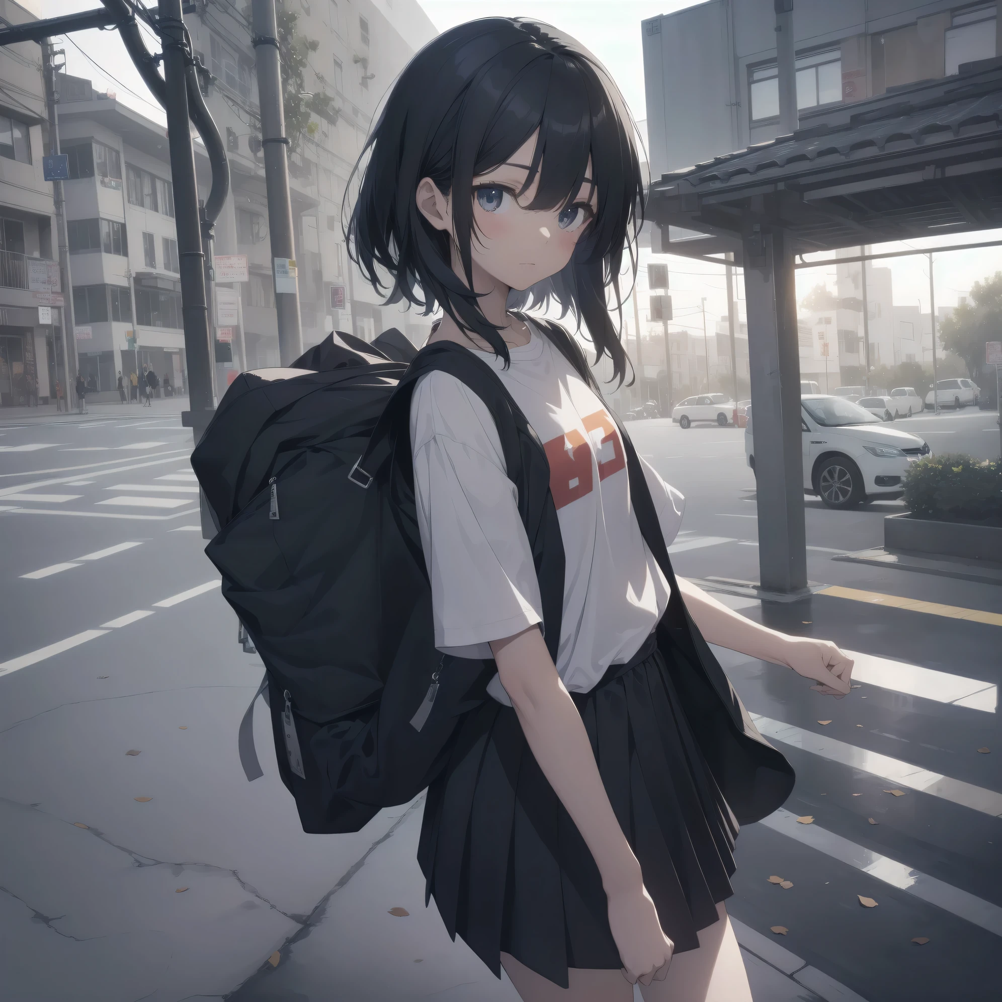 ultra-absurdres-Top quality by artist God, ultra-detailed, high resolution, anime moe artstyle, best anime 8k konachan wallpaper, pixiv contest winner, perfect anatomy,break, 1girl, (Please draw a girl walking sleepily to school alone. )break,(Solo,little female, 13-year-old:1.3),Full limbs, complete fingers,a junior high school student, Attractiveness of immature bodies, (very short hair), short cut, flat chest, , small butt, small black eyes, beautiful detailed eyes, well-proportioned iris and pupils, expressive eyes, highres detailed hair, soft expression, school_uniform, official_alternate_costume, pleated skirt,(Detailed Lighting), (Detailed background), in the School commute route. break,super detailed skin, Best cinematic lighting powered by famous artist, 8k,beauty illustration,photoshop_(medium),very aesthetic,break,((artist:itomugi-kun )), artist:akinashi yuu ,artist:oyari ashito ,artist:kantoku ,