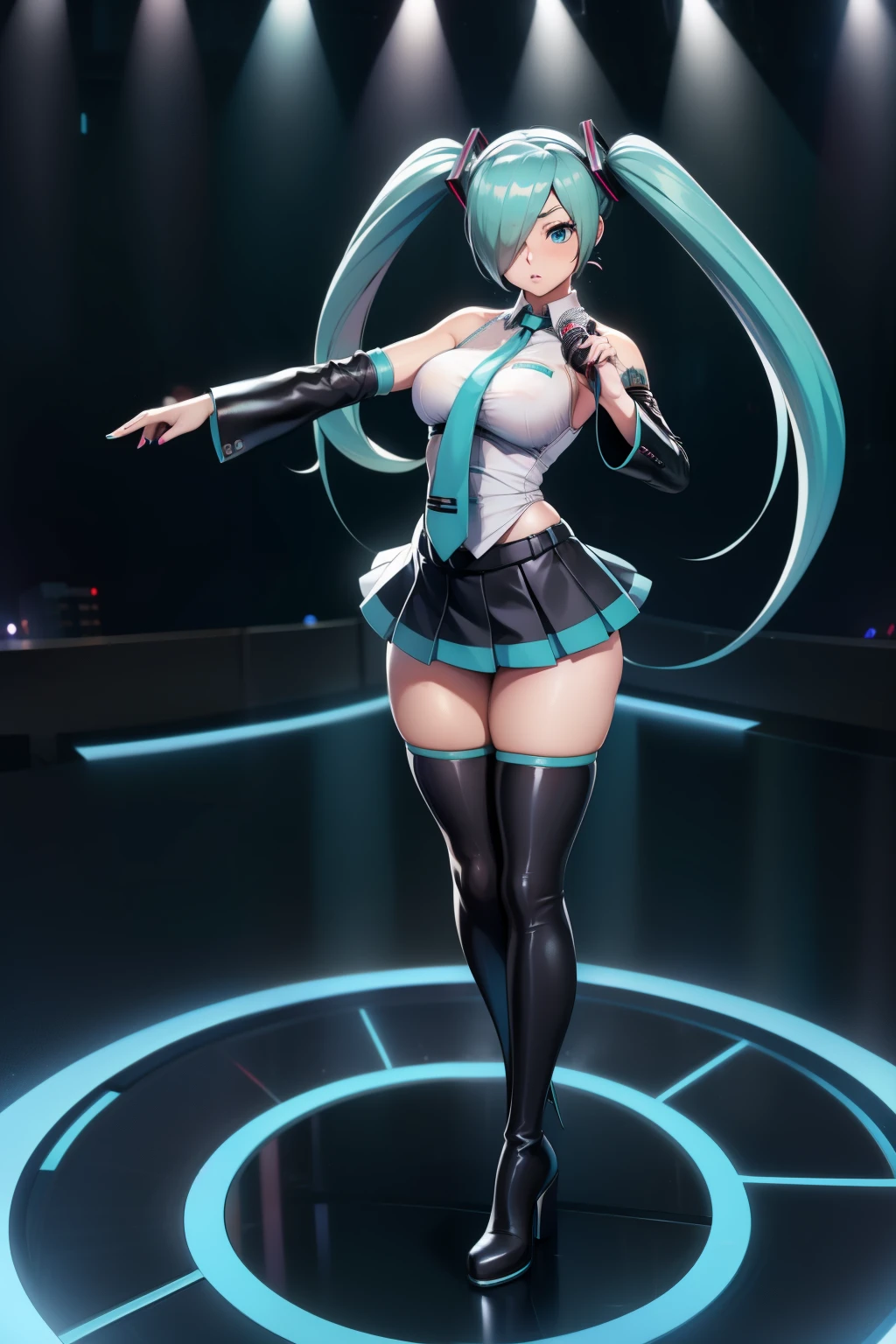 20 year old woman, busty, big tits, bubble butt, hourglass figure, skinny, standing, blushing, confused expression, twintail hair, blue hair,wearing white shirt, blue tie, blue pleated skirt, black stockings, black knee high boots, Hatsune Miku, on stage, holding microphone, dynamic pose