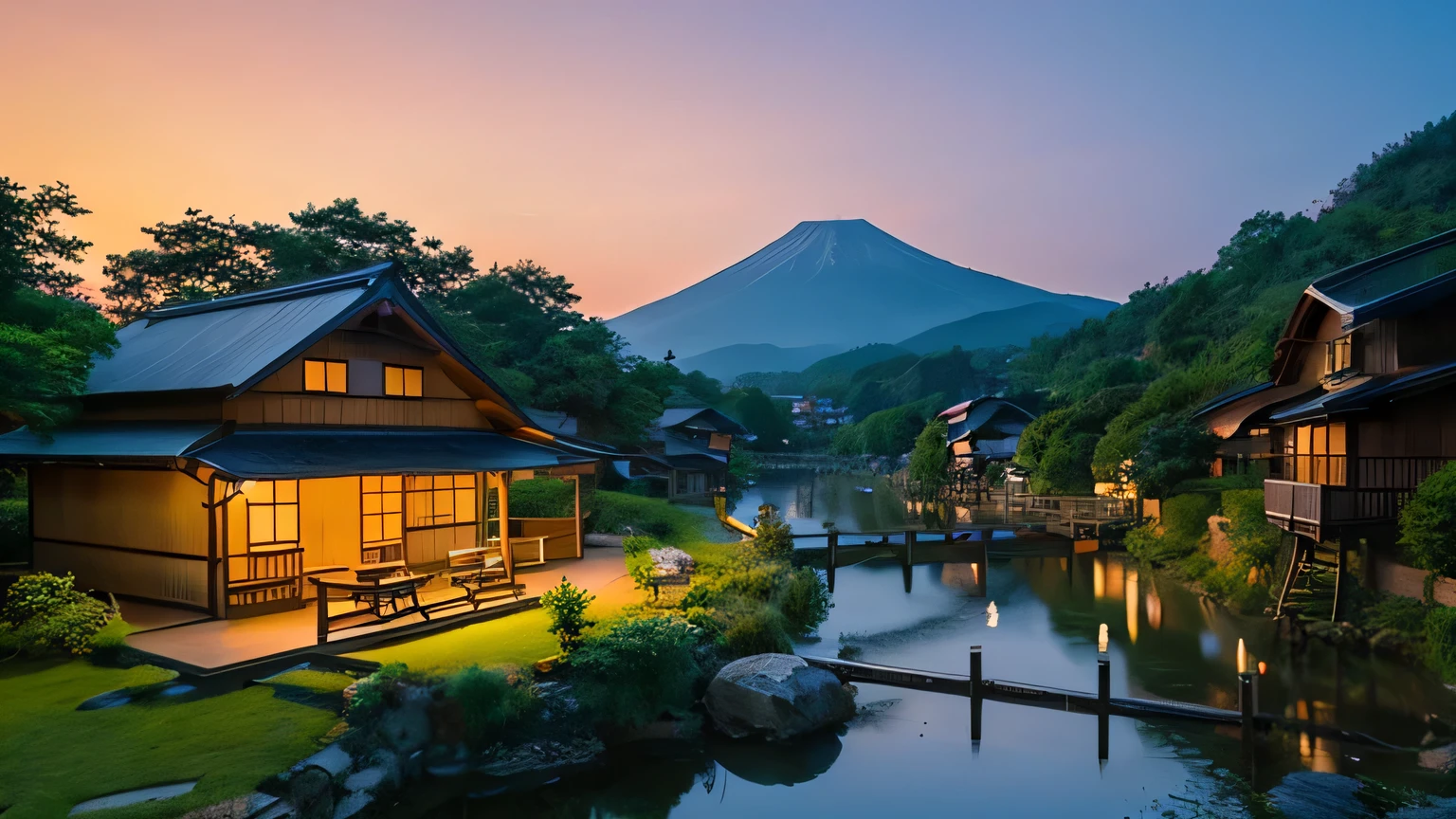 japanese countryside、rural scenery、Heartwarming、clear々Beautiful sunset、Japanese house with waterwheel、Artistic Graphic Arts