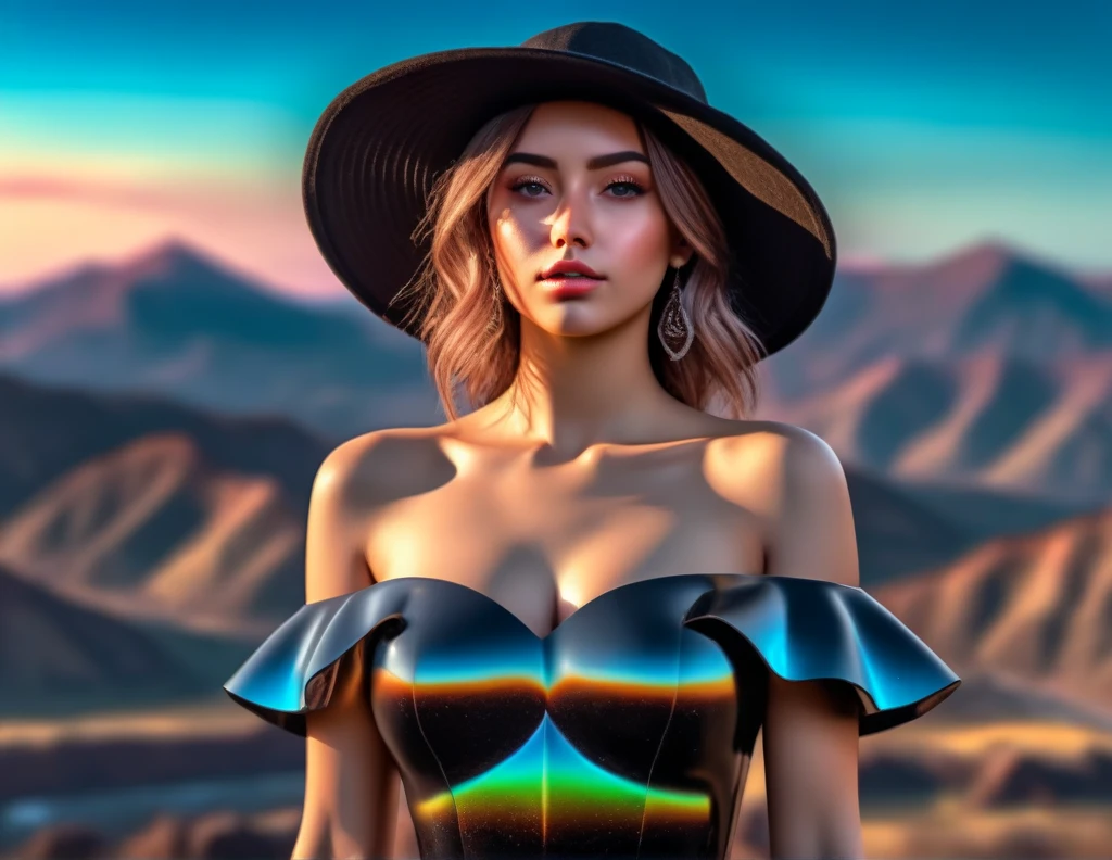"(best quality,4k,8k,highres,masterpiece:1.2),ultra-detailed,(realistic,photorealistic,photo-realistic:1.37),HDR,UHD,studio lighting,ultra-fine painting,sharp focus,physically-based rendering,extreme detail description,professional,vivid colors,bokeh,portrait,landscape,concept artists,Neon sign,Deviant Artist,gorgeous model,off-the-shoulder dress,hat,hyper detailed,close-up,neon ambiance,abstract black oil,gear mecha,detailed acrylic,grunge,intricate complexity,rendered in unreal engine,8k artistic photography,three engine train,mountains"