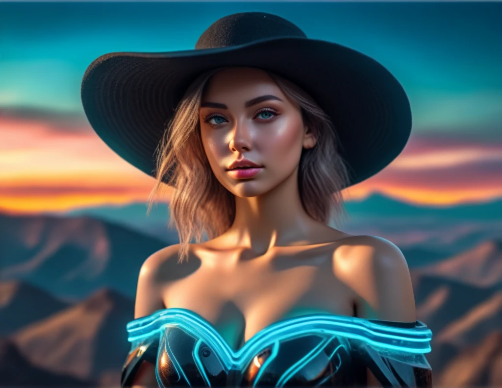 "(best quality,4k,8k,highres,masterpiece:1.2),ultra-detailed,(realistic,photorealistic,photo-realistic:1.37),HDR,UHD,studio lighting,ultra-fine painting,sharp focus,physically-based rendering,extreme detail description,professional,vivid colors,bokeh,portrait,landscape,concept artists,Neon sign,Deviant Artist,gorgeous model,off-the-shoulder dress,hat,hyper detailed,close-up,neon ambiance,abstract black oil,gear mecha,detailed acrylic,grunge,intricate complexity,rendered in unreal engine,8k artistic photography,three engine train,mountains"