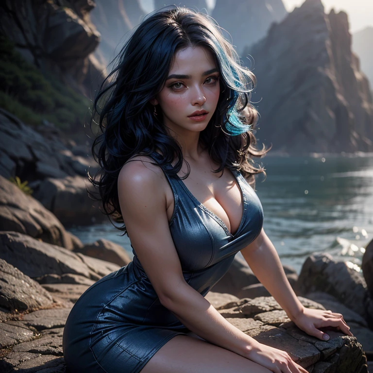 (sharp focus:1.2), photo, attractive young woman, (beautiful face:1.1), detailed eyes, luscious lips, (smokey eye makeup:0.85), (huge breasts:1.0), (athletic body:1.2), (wavy blue hair:1.2), wearing (mini red dress:1.2) on a (cliffside:1.2). (moody lighting:1.2), depth of field, bokeh, 4K, HDR. by (James C. Christensen:1.2|Jeremy Lipking:1.1).