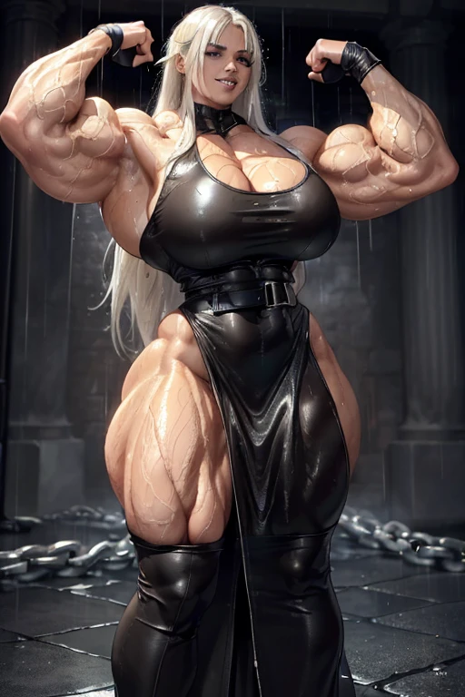 (((((Massive tall, beautiful, buff, wet, light brown skinned muscular woman with white wet hair, black lipstick, ginormous bulky muscles, and wearing a black leather maxi dress))))), close view, massive muscle, massive biceps, hyper muscle shoulders, (massive muscle arms), vascular shoulders, hyper muscle triceps, (long straight hair), blue eyes, choker, (long fingerless gloves), (chain belt), black boots, (in a rainy pitch black alley), confidant smile, night, hyper vascular arm, hyper muscles arms, hyper muscle legs, (massive arms).