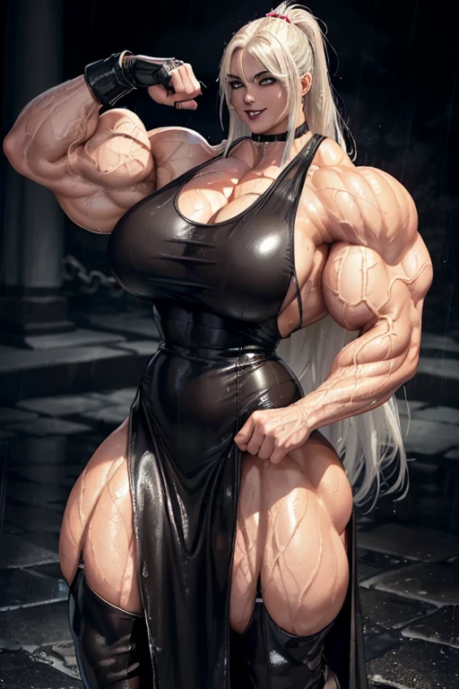 (((((Massive tall, beautiful, buff, wet, light brown skinned muscular woman with white wet hair, black lipstick, ginormous bulky muscles, and wearing a black leather maxi dress))))), close view, massive muscle, massive biceps, hyper muscle shoulders, (massive muscle arms), vascular shoulders, hyper muscle triceps, (long straight hair), blue eyes, choker, (long fingerless gloves), (chain belt), black boots, (in a rainy pitch black alley), confidant smile, night, hyper vascular arm, hyper muscles arms, hyper muscle legs, (massive arms).