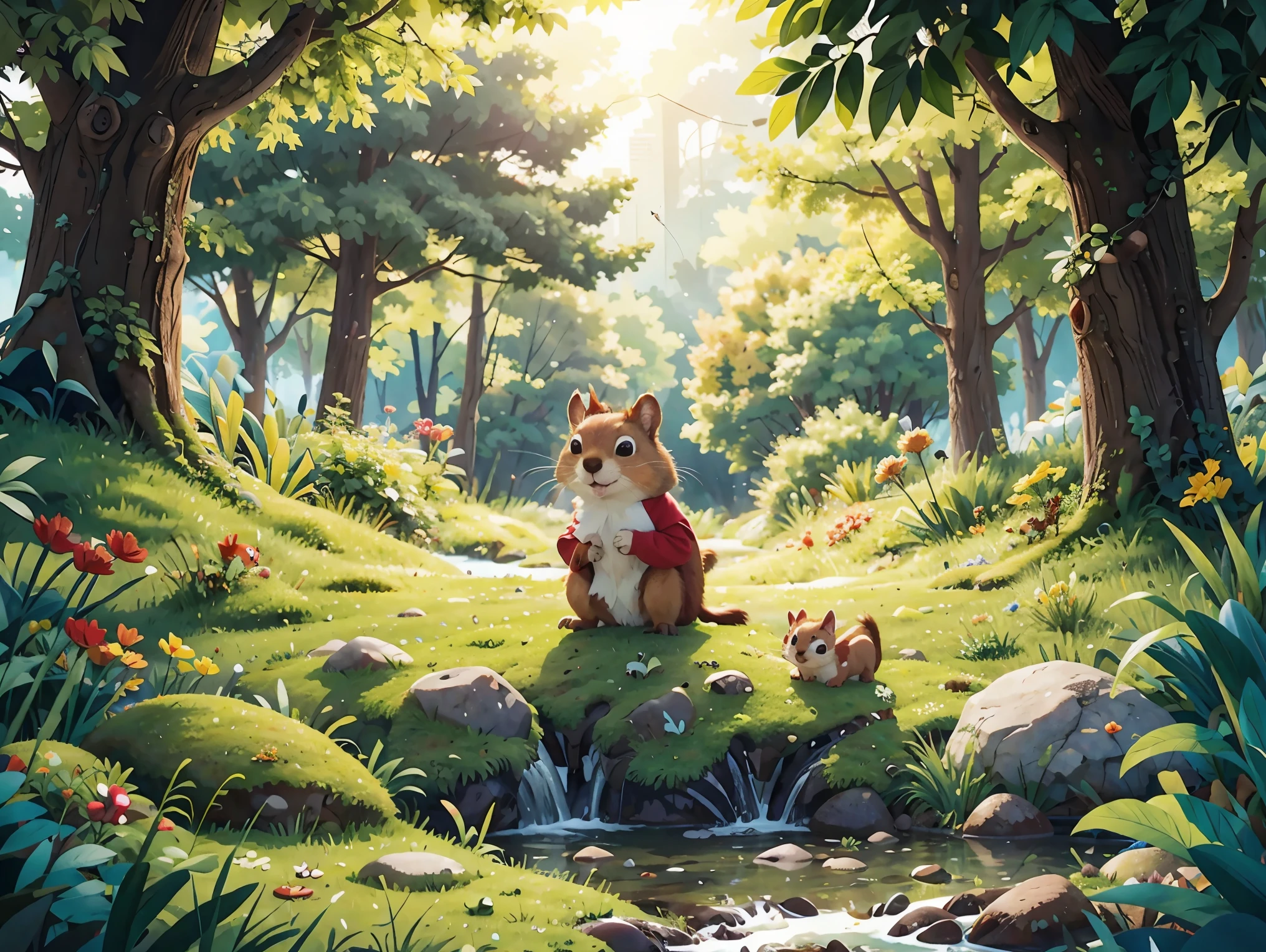 Sammy, the Squirrel in the red shirt, exploring a riverbank, a meadow, and a hill.