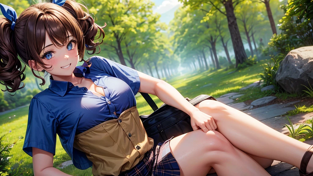 1girl, full body, solo, village, trees, brown hair, short hair, curly hair, side ponytail, large breasts, button down shirt, ((blue shirt)), ((unbuttoned shirt)), ((short sleeved shirt)), cleavage, blue eyes, skirt, grin, looking at the viewer, standng, hair ribbon, golden necklate