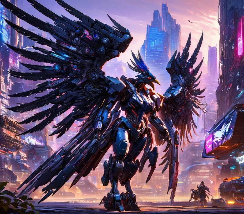 Flying metal mechanical crow，Futuristic metal crow，Mechanical crow，This crow is made entirely of small metal parts，Detailed mechanical wing,metal feather,Precise and complex design,Very fine texture,Shiny steel body,futuristic city background，Beautiful sci-fi art, science fiction figures art插画, Digital cyberpunk art, science fiction figures, futuristic digital, Futuristic concept art, In front of sci-fi cityscape, science fiction figures art, Advanced Digital Cyberpunk Art, Fantastic cyberpunk crow