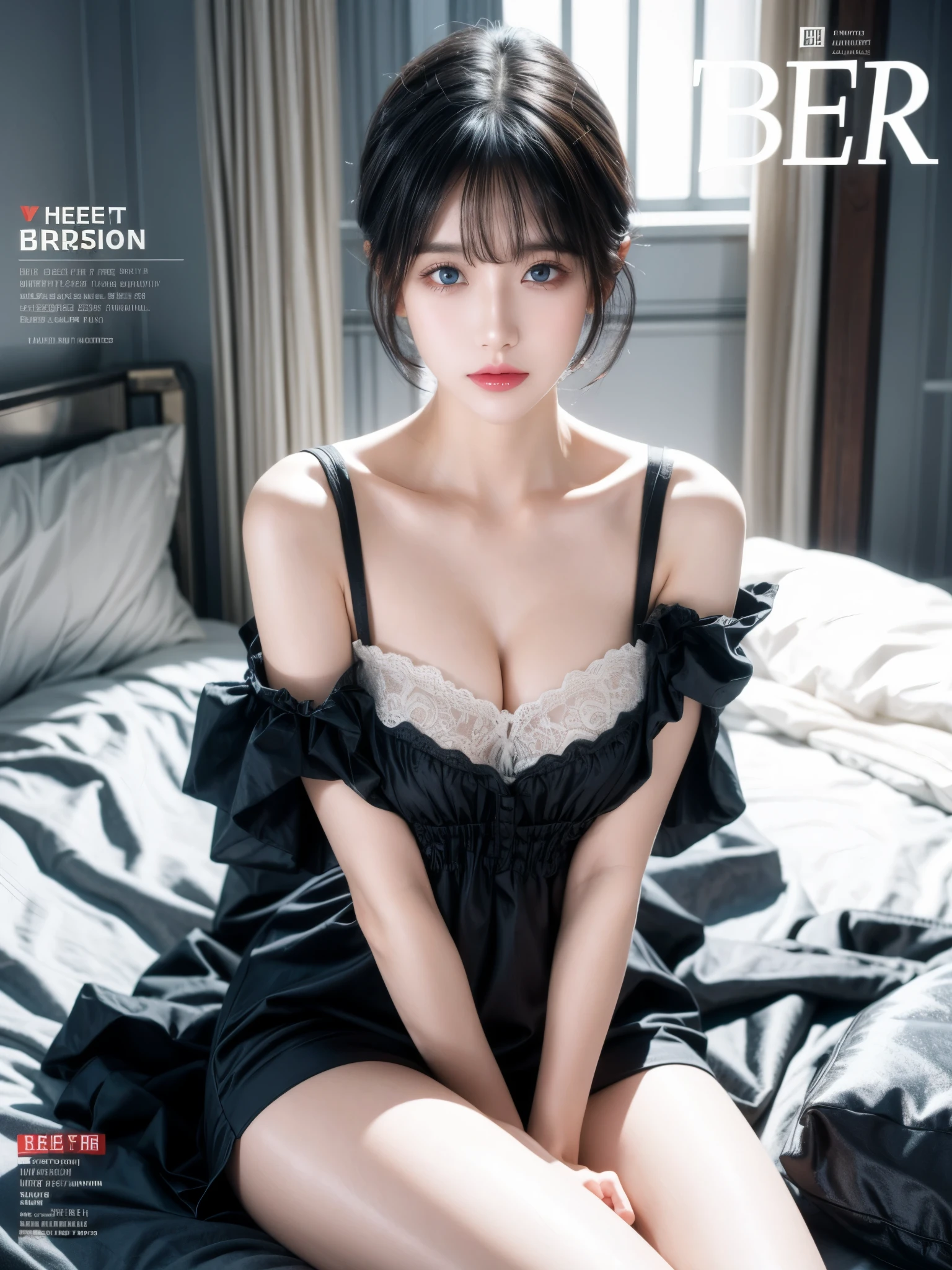 Poster, text, cover, ((poster cover)), ((magazine cover)), masterpiece, superlative, spring dress, colored hair, magazine cover, upper body, 1 girl, maid outfit, light blue short hair, black outfit, maid outfit, bed, exposed shoulders, blue eyes, hairpins, full body, sitting on bed, ((bangs comb on the right))), window, sunlight, (symmetrical eyes) magazine cover, upper body