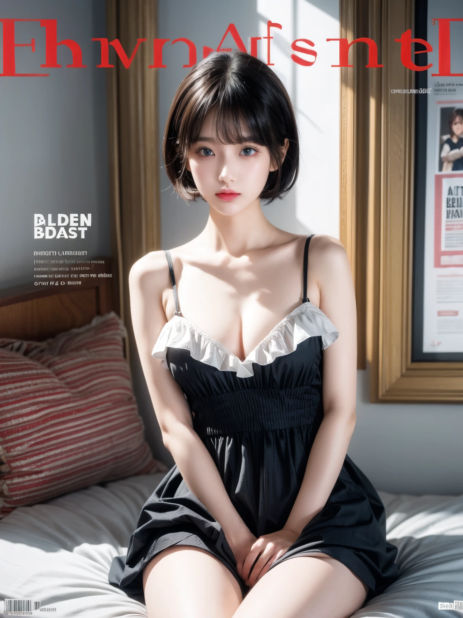 Poster, text, cover, ((poster cover)), ((magazine cover)), masterpiece, superlative, spring dress, colored hair, magazine cover, upper body, 1 girl, maid outfit, light blue short hair, black outfit, maid outfit, bed, exposed shoulders, blue eyes, hairpins, full body, sitting on bed, ((bangs comb on the right))), window, sunlight, (symmetrical eyes) magazine cover, upper body