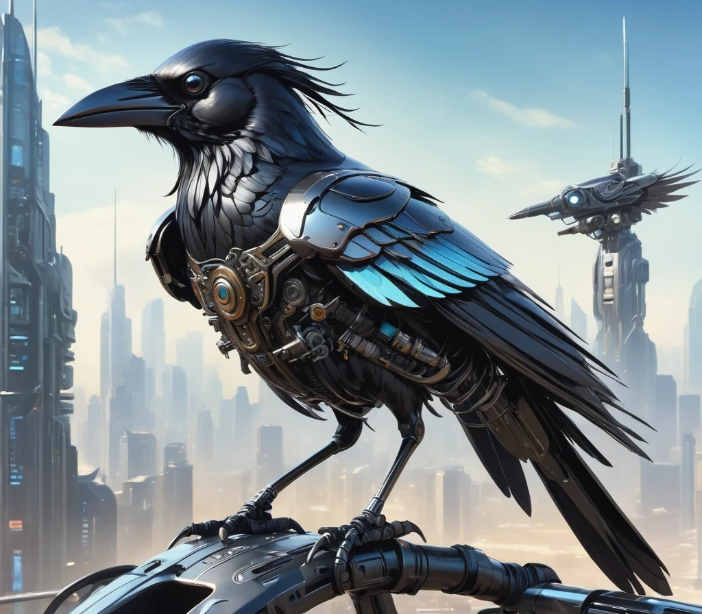 Black Metal Mechanical Crow，Futuristic metal crow，Mechanical crow，This crow is made entirely of small metal parts，Detailed mechanical wing,metal feather,Precise and complex design,Very fine texture,Shiny steel body,futuristic city background，Beautiful sci-fi art, Sci-fi digital art illustration, Digital cyberpunk art, Sci-Fi Digital Painting, futuristic digital, Futuristic concept art, In front of sci-fi cityscape, Sci-fi digital art, Advanced Digital Cyberpunk Art, Fantastic cyberpunk crow