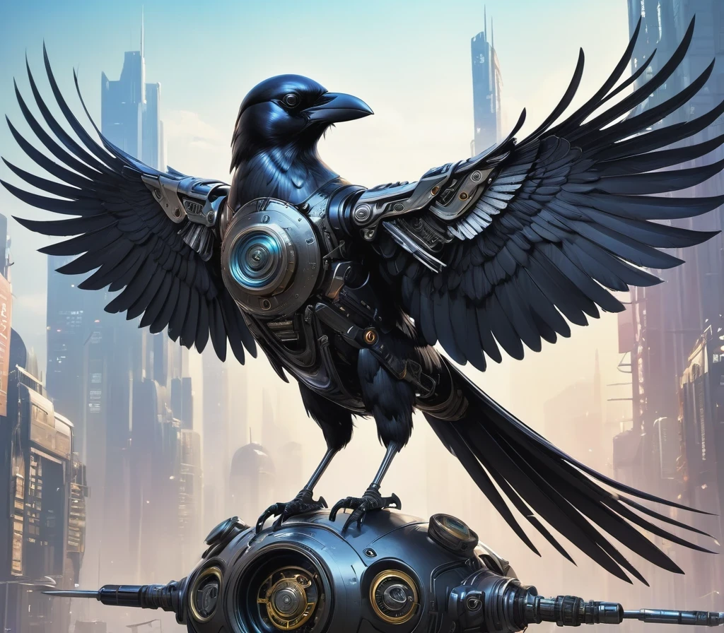 Black Metal Mechanical Crow，Futuristic metal crow，Mechanical crow，This crow is made entirely of small metal parts，Detailed mechanical wing,metal feather,Precise and complex design,Very fine texture,Shiny steel body,futuristic city background，Beautiful sci-fi art, Sci-fi digital art illustration, Digital cyberpunk art, Sci-Fi Digital Painting, futuristic digital, Futuristic concept art, In front of sci-fi cityscape, Sci-fi digital art, Advanced Digital Cyberpunk Art, Fantastic cyberpunk crow