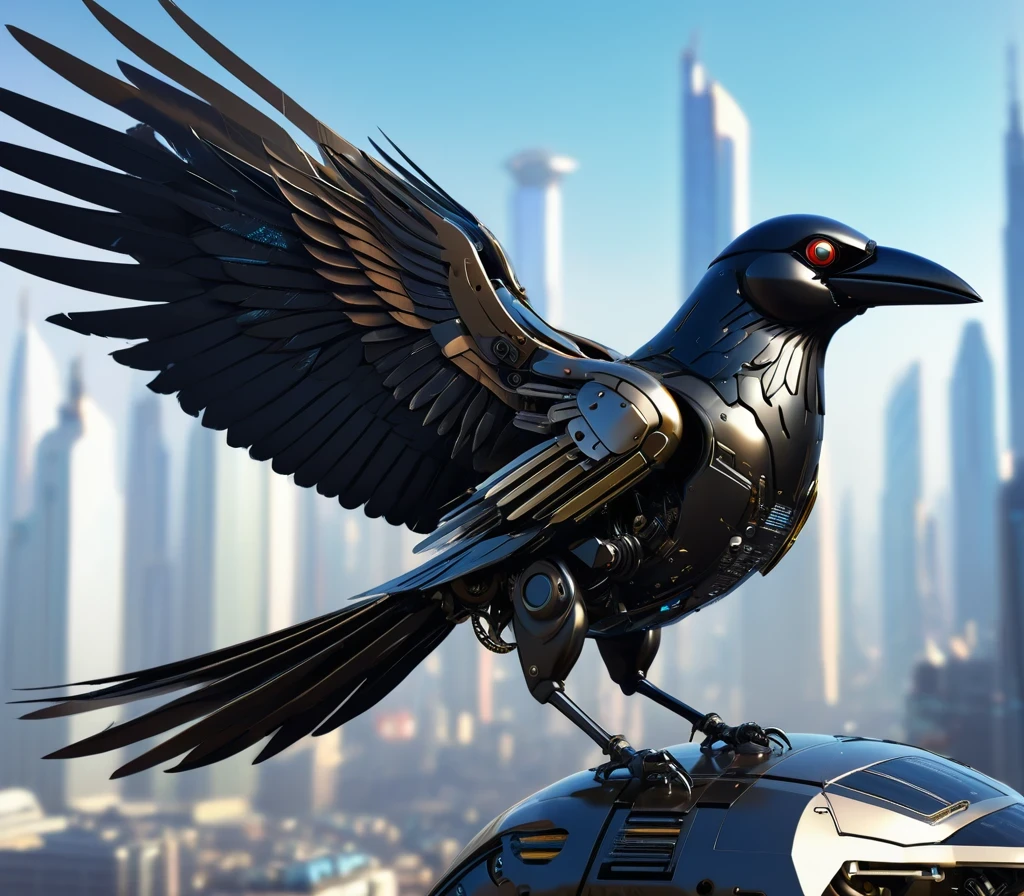 Flying metal mechanical crow,Futuristic metal crow,Mechanical crow,This crow is made entirely of small metal parts,Detailed mechanical wing,metal feather,Precise and complex design,Very fine texture,Shiny steel body,futuristic city background,Beautiful sci-fi art, Sci-fi digital art illustration, Digital cyberpunk art, Sci-Fi Digital Painting, futuristic digital, Futuristic concept art, In front of sci-fi cityscape, Sci-fi digital art, Advanced Digital Cyberpunk Art, Fantastic cyberpunk crow