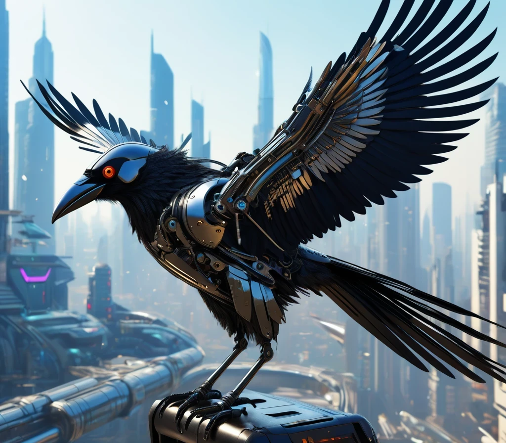 Flying metal mechanical crow,Futuristic metal crow,Mechanical crow,This crow is made entirely of small metal parts,Detailed mechanical wing,metal feather,Precise and complex design,Very fine texture,Shiny steel body,futuristic city background,Beautiful sci-fi art, Sci-fi digital art illustration, Digital cyberpunk art, Sci-Fi Digital Painting, futuristic digital, Futuristic concept art, In front of sci-fi cityscape, Sci-fi digital art, Advanced Digital Cyberpunk Art, Fantastic cyberpunk crow