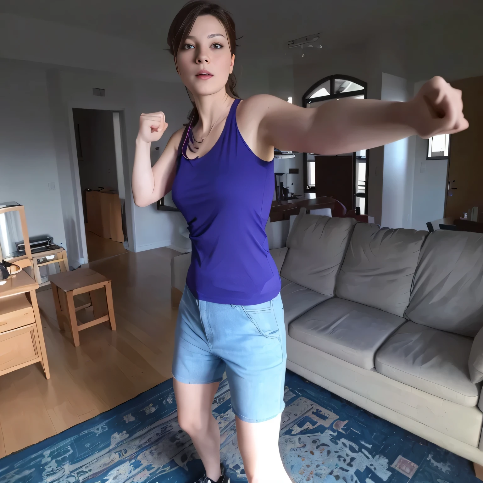 There is a woman standing in a living room playing video games, striking a sassy pose, upper body shot, in an action pose, mid-body shot, half-body shot, half-body shot, attacking the camera: 4, half body shot from the middle, waist up, full body, arms outstretched, in good physical shape, about 40 years old. Woman in good shape. High quality, high resolution, masterpiece, 8k.