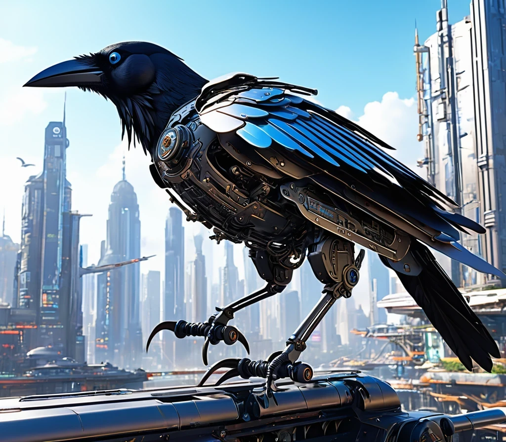 Flying metal mechanical crow,Futuristic metal crow,Mechanical crow,This crow is made entirely of small metal parts,Detailed mechanical wing,metal feather,Precise and complex design,Very fine texture,Shiny steel body,futuristic city background,Beautiful sci-fi art, Sci-fi digital art illustration, Digital cyberpunk art, Sci-Fi Digital Painting, futuristic digital, Futuristic concept art, In front of sci-fi cityscape, Sci-fi digital art, Advanced Digital Cyberpunk Art, Fantastic cyberpunk crow