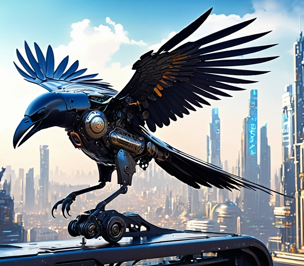 Flying metal mechanical crow，Futuristic metal crow，Mechanical crow，This crow is made entirely of small metal parts，Detailed mechanical wing,metal feather,Precise and complex design,Very fine texture,Shiny steel body,futuristic city background，Beautiful sci-fi art, Sci-fi digital art illustration, Digital cyberpunk art, Sci-Fi Digital Painting, futuristic digital, Futuristic concept art, In front of sci-fi cityscape, Sci-fi digital art, Advanced Digital Cyberpunk Art, Fantastic cyberpunk crow