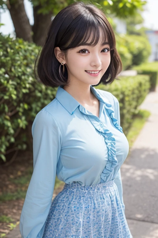 (surrealism, Raw photo, nikon, 8K, Super detailed, masterpiece, advanced details, anatomically correct, intricate details, Super detaileded), (Japanese pinup mode, Japanese high school girl, 16 years old, slim waist and busty body, Haruka Hukuhara, Hina's Hymn), ((Highly accurate human body, highly detailed face, highly detailed beautiful eyes, realistic skin, Impossibly cute, Sister's Girl, affectionate cute, pretty girl, surreal girl, It is really cute, Super cute:1.2)), ((black hair, short bob cut, one small earring, lively eyes, round face, Eyebrows pointing downwards, light blush, look at the audience:1.1)), ((dance with hanafubuki, look at the audience)), (smile, grin and laugh), (long ruffle skirt、long sleeve shirt), (blue sky、Huge park), Natural light, full length, whole body