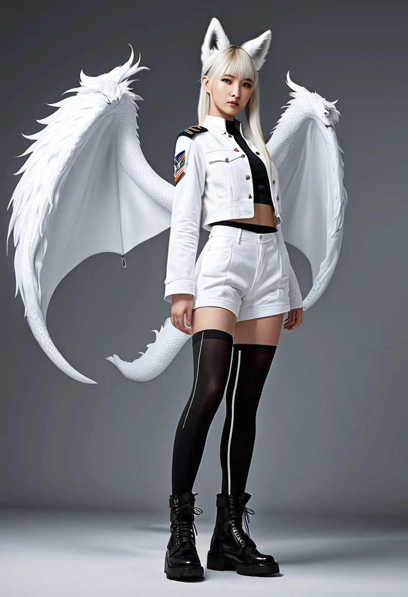 In this mesmerizing artwork, we are presented with a true masterpiece that captivates the viewer with its astonishingly high resolution and unparalleled level of detail. Created in an absurdly detailed 8K resolution, this image showcases the cutting-edge technology of ray tracing, resulting in realistic lighting and shadows that bring the artwork to life. The focal point of the artwork is a shoulder-length haired teenage girl, adorned with two elegant white fox ears with black tips on her head. Her unique appearance continues with a mesmerizing slim body that seamlessly merges with her white scaled dragon tail. This tomboyish character stands tall and confident, wearing military boots, black leggings, and military combat shorts. Her black T-shirt perfectly complements the white military jacket that is left open. Her medium size brest stick out through the open jacket.Her two elegant and detailed white dragon wings are stretched out.