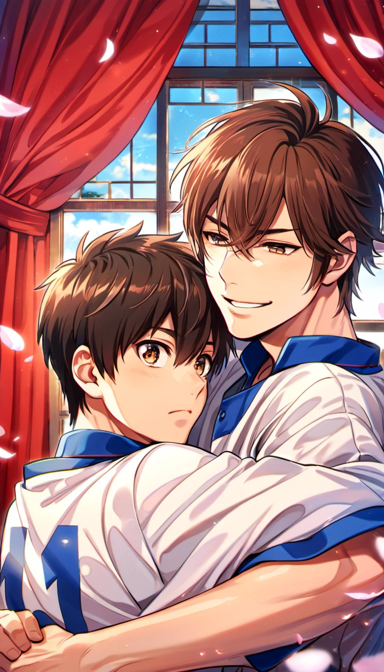 absurdres, highres, ultra detailed, HDR, master piece, best quality, Diamond no ace, Sawamura Eijun hugging Miyuki Kazuya, gay couple, handsome, brown hair, medium-length brown hair messy and windswept, hair between the eyes, expressive brown eyes, window, red curtains, petals, seidou baseball uniform