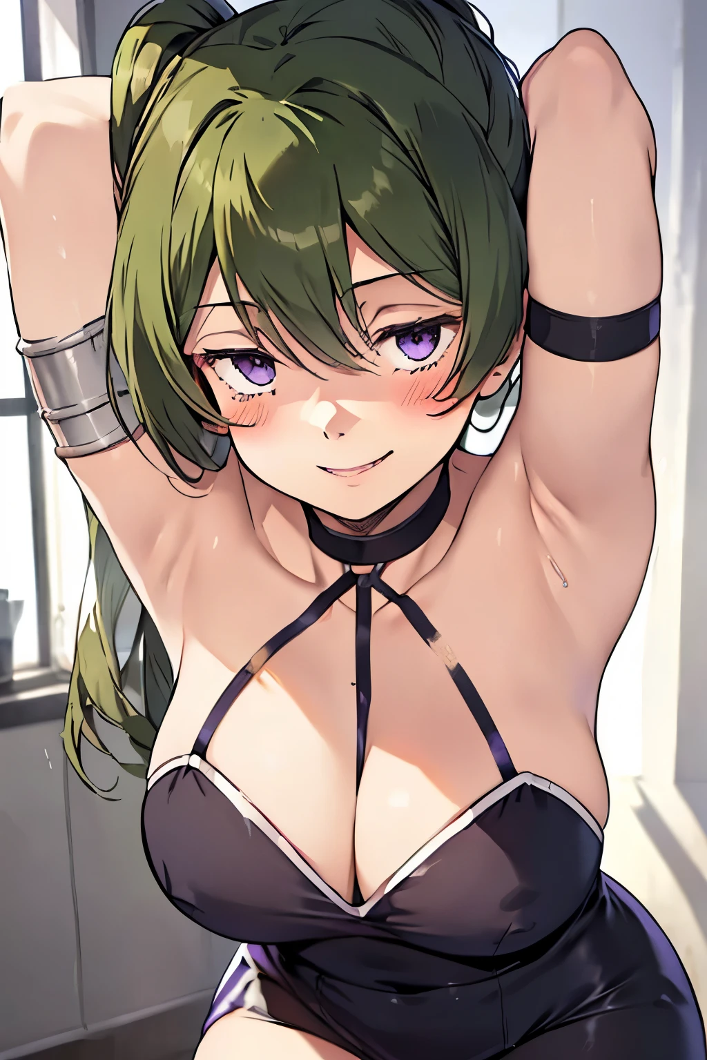 highest quality, masterpiece, (lean forward:1.4), 1 girl, armpit, cleavage, expand your chest, enchanting smile, (blush:1.1)