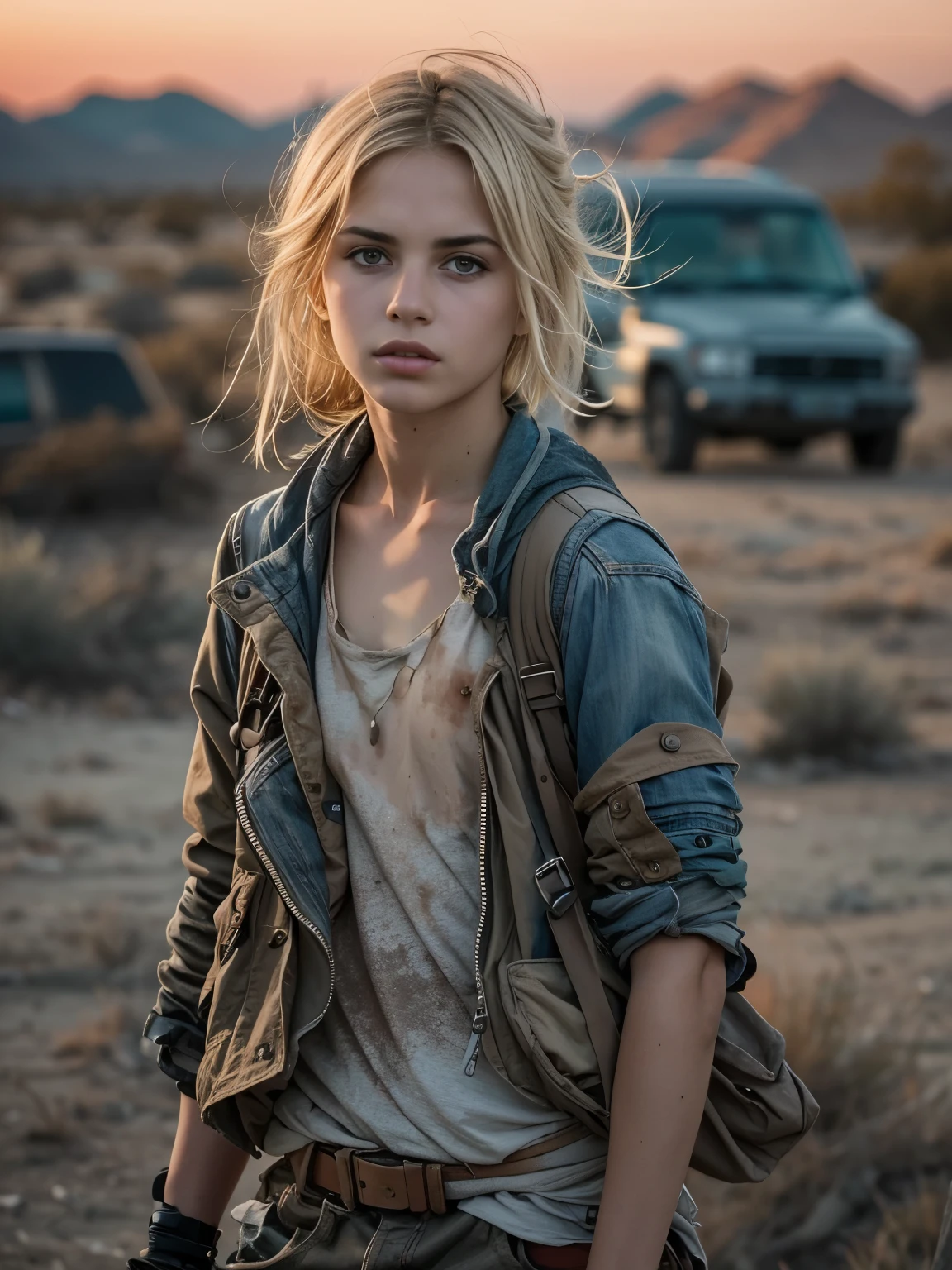 PLEASE fix image, Masterpiece, a desert landscape at sunset, a beautiful 13 years old American tween girl, wearing beautiful post apocalyptic nomadic clothes, white skin, skinny running body, post-apocalyptic clothing. Layers of tattered fabric, unconventional accessories, 16K, ultra high res.photorealistic, UHD, RAW, DSLR