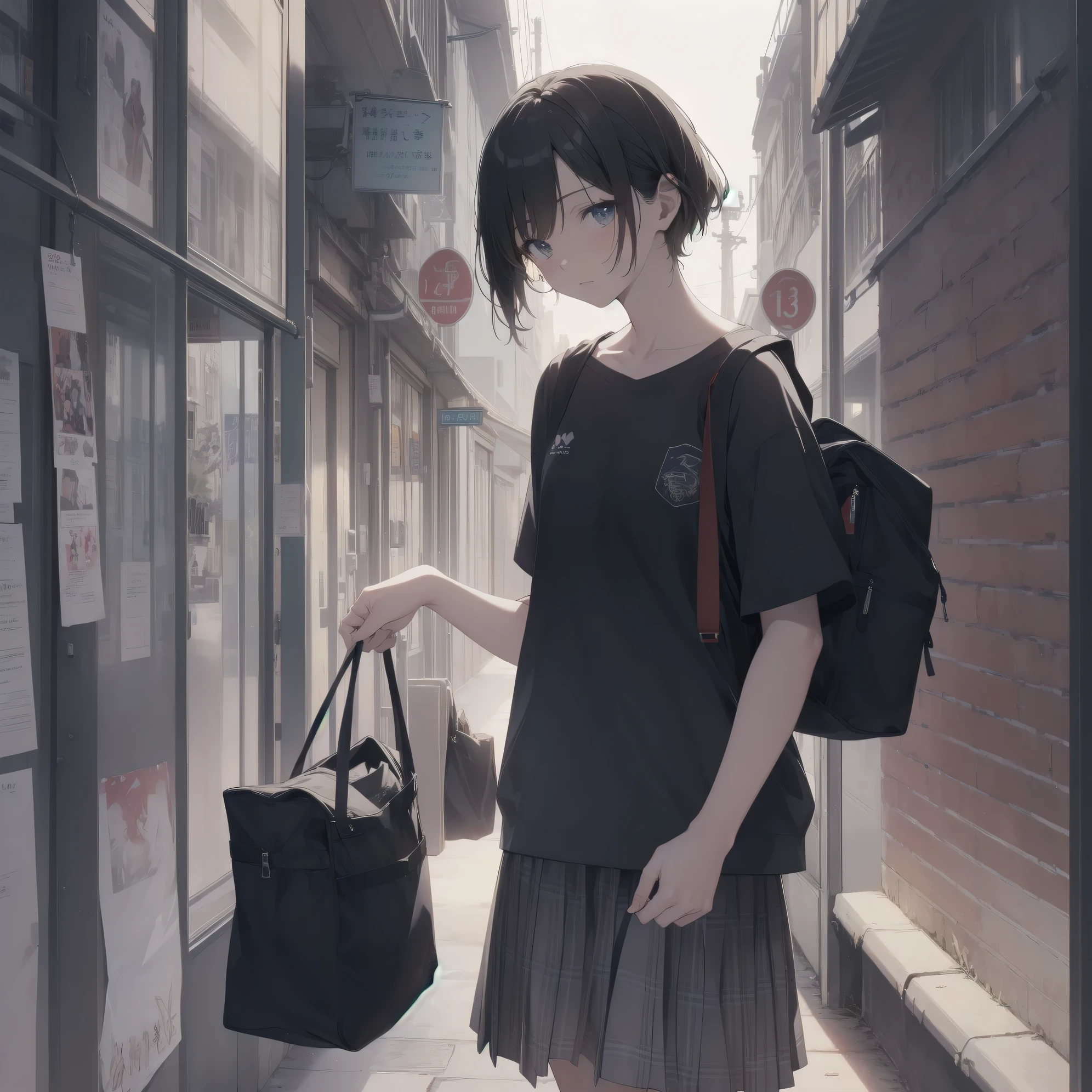 ultra-absurdres-Top quality by artist God, ultra-detailed, high resolution, anime moe artstyle, best anime 8k konachan wallpaper, pixiv contest winner, perfect anatomy,break, 1girl, (Please draw a girl walking sleepily to school alone. )break,(Solo,little female, 13-year-old:1.3),Full limbs, complete fingers,a junior high school student, Attractiveness of immature bodies, (very short hair), short cut, flat chest, , small butt, small black eyes, beautiful detailed eyes, well-proportioned iris and pupils, expressive eyes, highres detailed hair, soft expression, school_uniform, official_alternate_costume, pleated skirt,(Detailed Lighting), (Detailed background), in the School commute route. break,super detailed skin, Best cinematic lighting powered by famous artist, 8k,beauty illustration,photoshop_(medium),very aesthetic,break,((artist:itomugi-kun )), artist:akinashi yuu ,artist:oyari ashito ,artist:kantoku ,